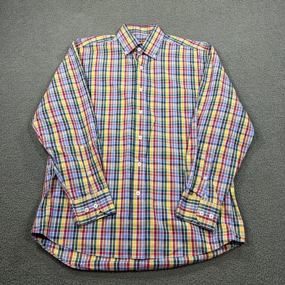 Alan Flusser Button Down Shirt Mens Medium Multicolor Plaid Cotton Long Sleeve